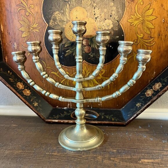 Vintage Solid Brass Menorah Candelabra 7-Branch Candle Holder Judaica 10 inch - Picture 8 of 11